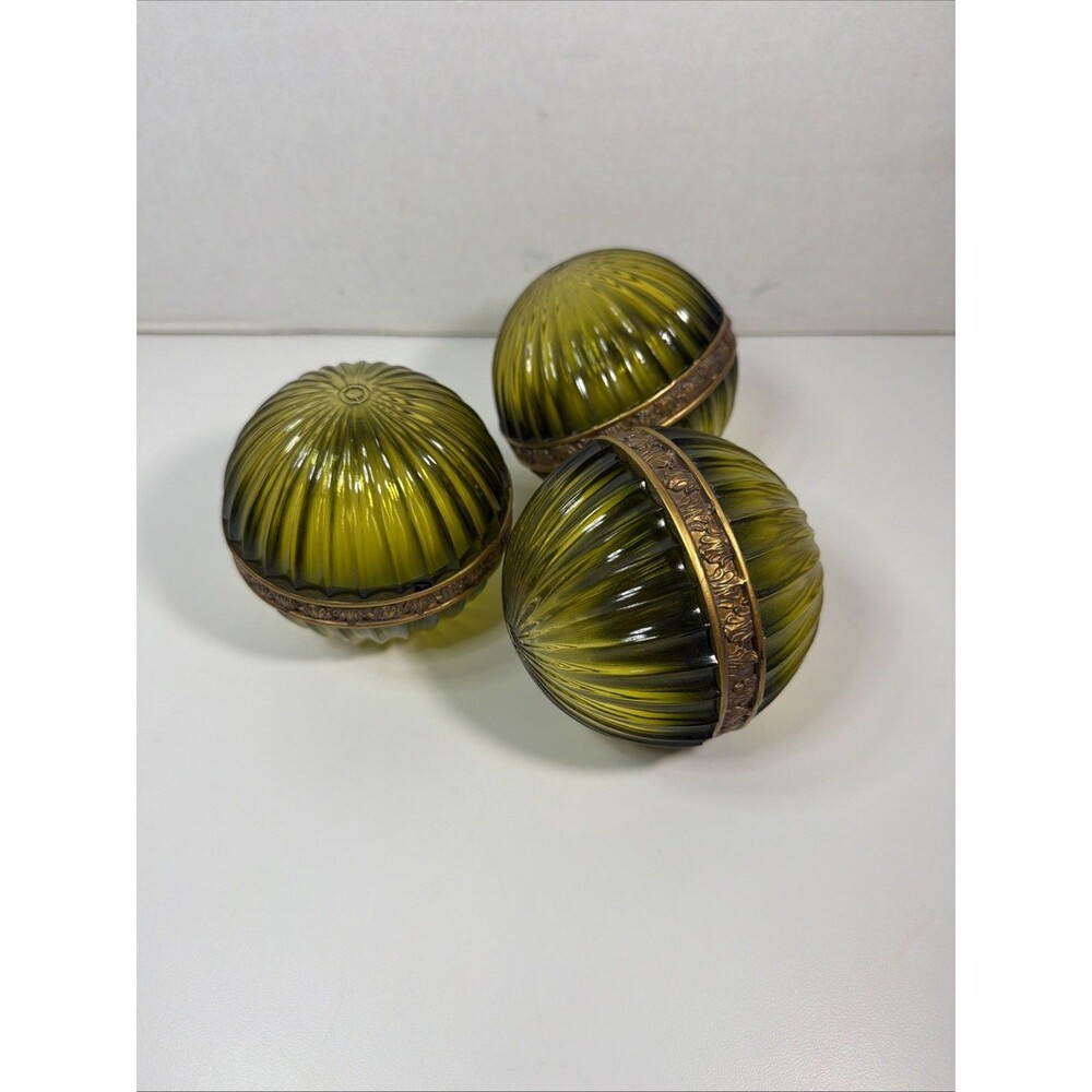 3 MCM Vintage Ribbed Circle Round Shape Green Glass Gold Brass Inlay Detail Orb